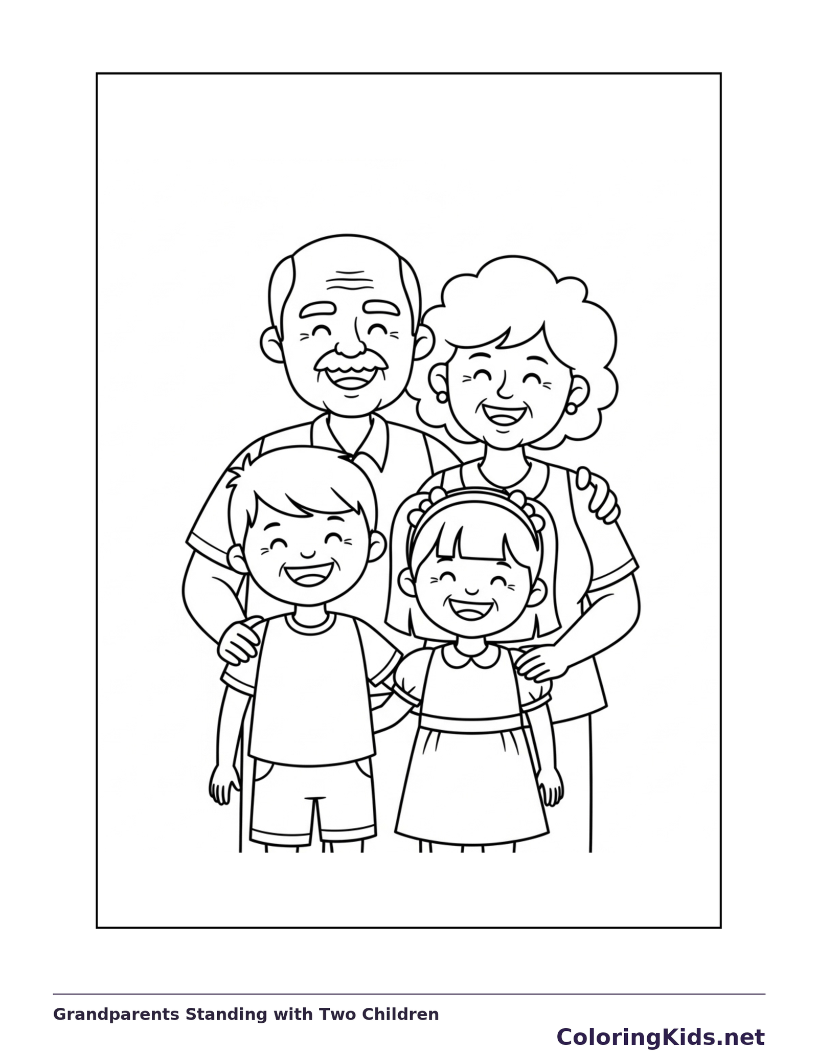 Black and white printable grandparents standing with two children coloring sheet