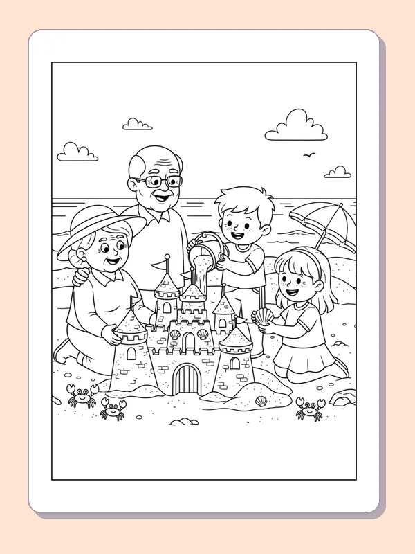 Black and white printable sandcastle with grandparents coloring sheet