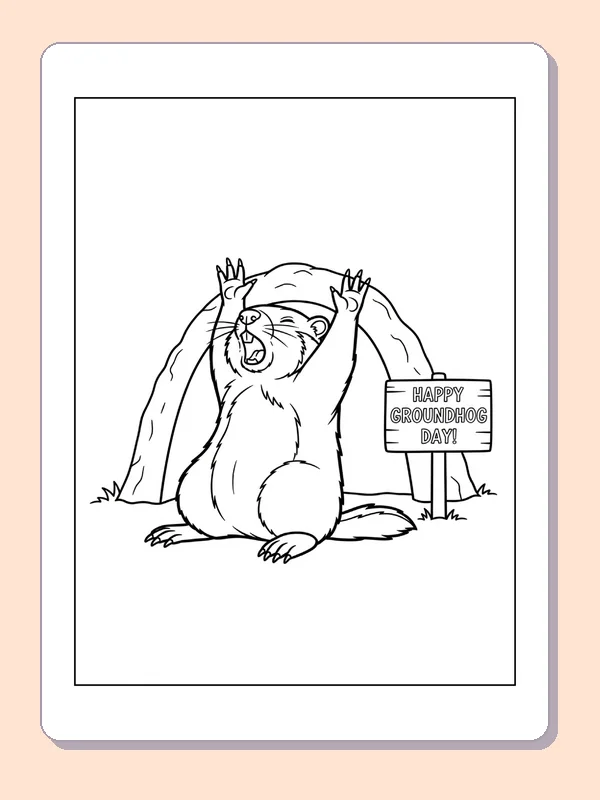 Groundhog Stretching Beside a Burrow Sign coloring page: black and white line art to print or color online