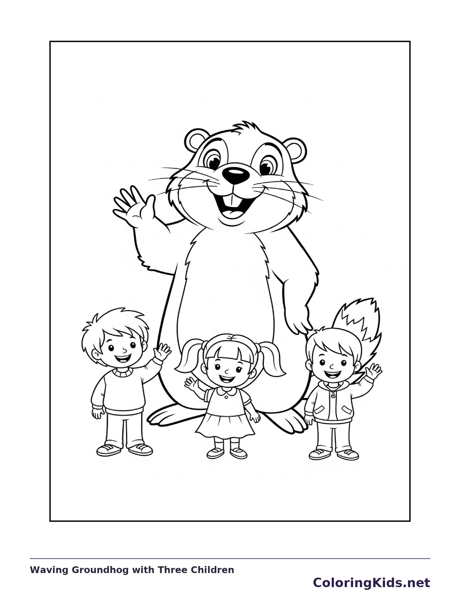 Waving Groundhog with Three Children coloring page: black and white line art to print or color online