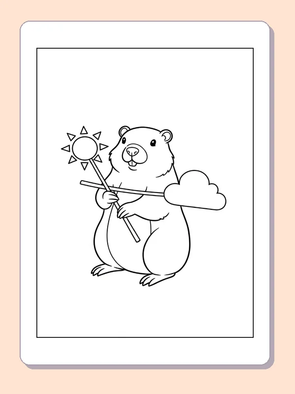 Groundhog with a Sun Wand and Cloud coloring page: black and white line art to print or color online