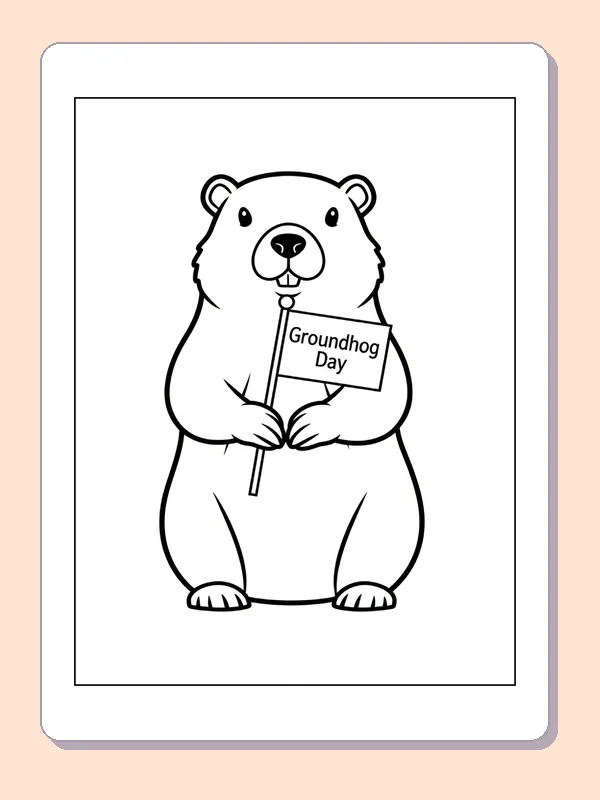 Groundhog Holding a Holiday Flag coloring page: black and white line art to print or color online