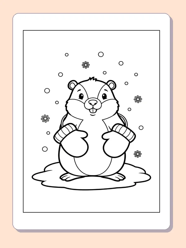 Groundhog Wearing Striped Mittens coloring page: black and white line art to print or color online