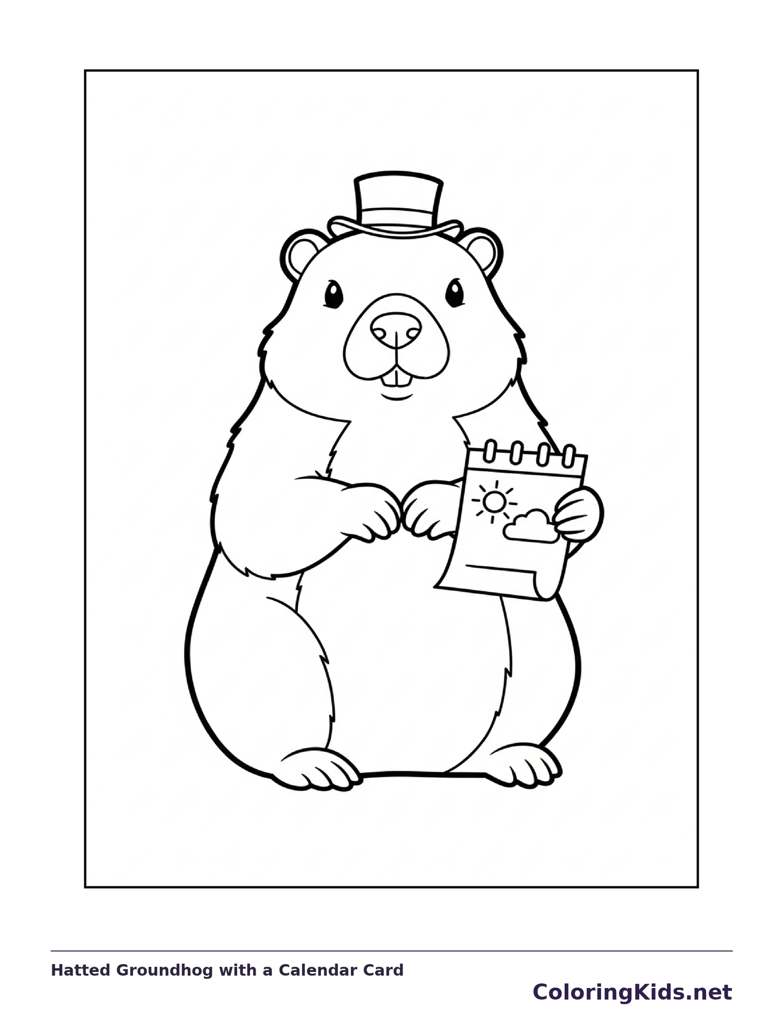 Hatted Groundhog with a Calendar Card coloring page: black and white line art to print or color online