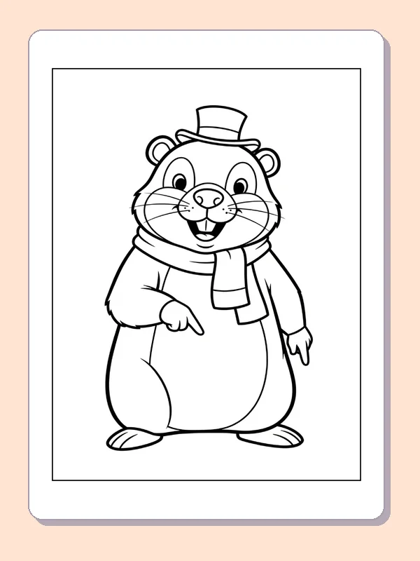 Groundhog in a Hat and Scarf coloring page: black and white line art to print or color online