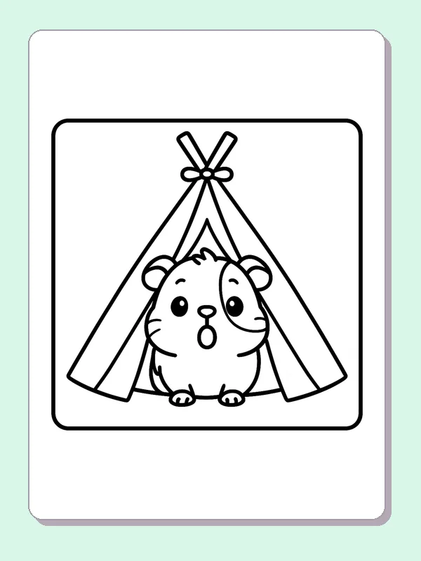 Curious guinea pig looking out from the doorway of a teepee