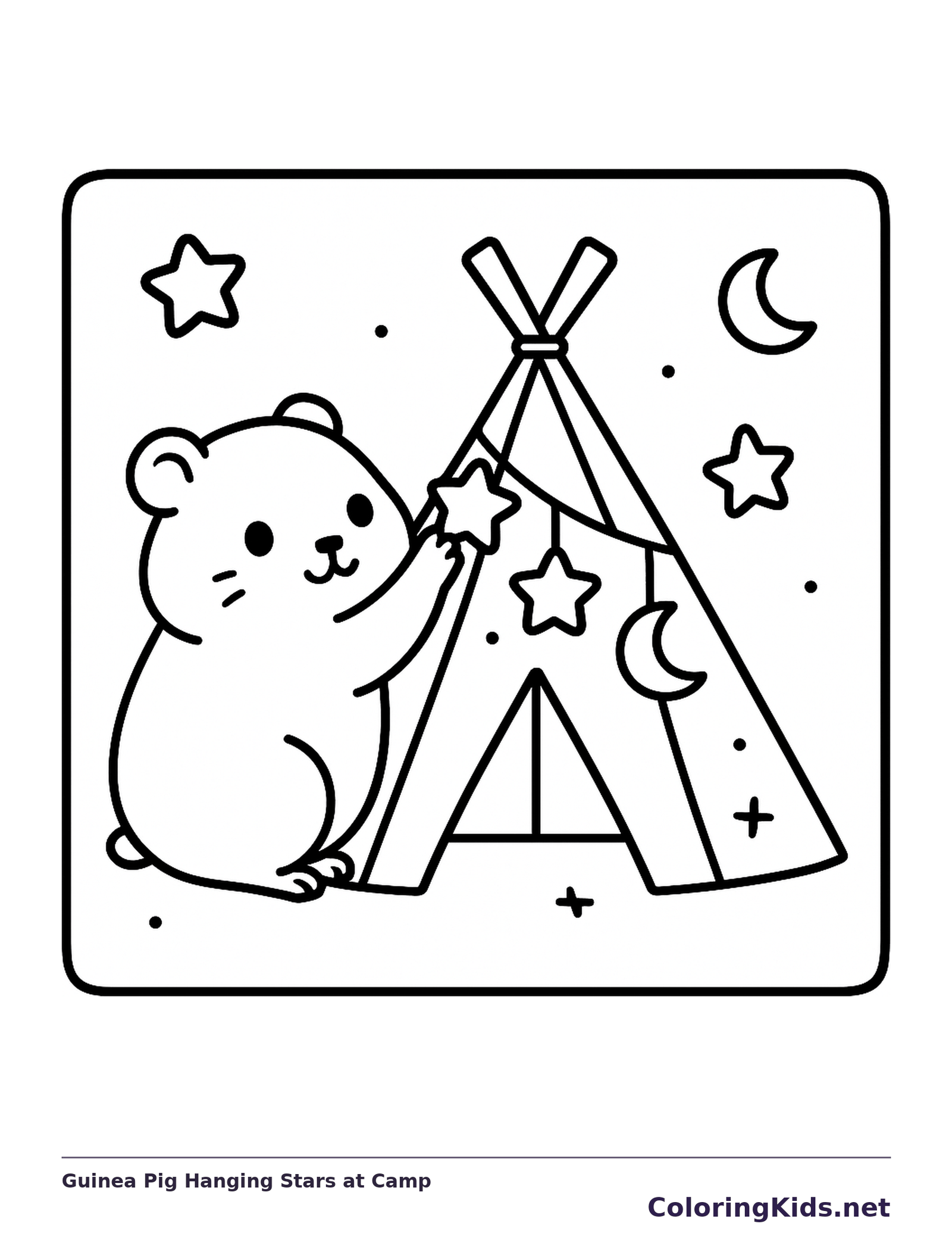 Guinea pig reaching up to hang stars on a teepee