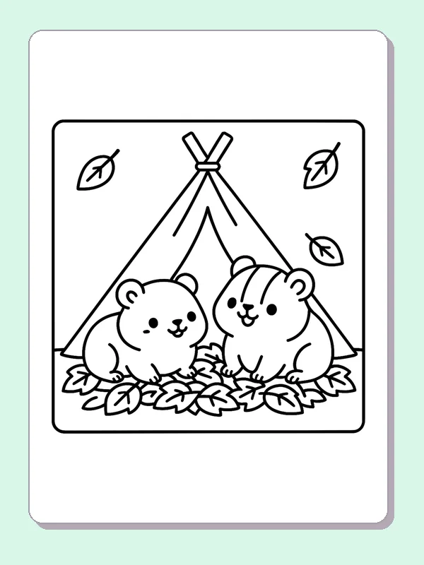 Two guinea pigs together on fallen leaves beside a teepee