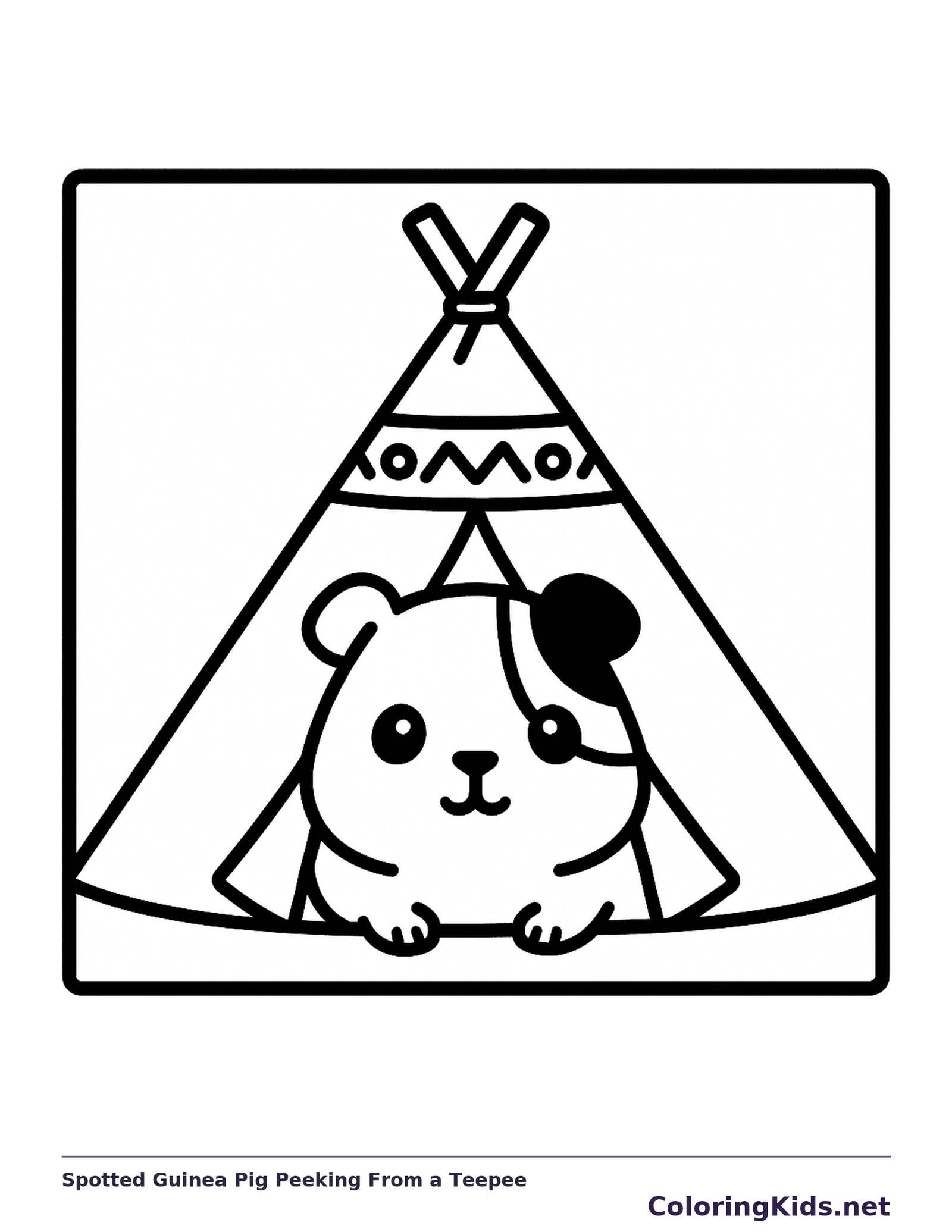 Guinea pig with one dark eye patch sitting at a teepee entrance