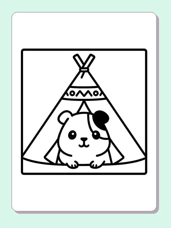 Guinea pig with one dark eye patch sitting at a teepee entrance