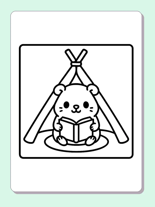 Guinea pig holding an open book beneath a teepee