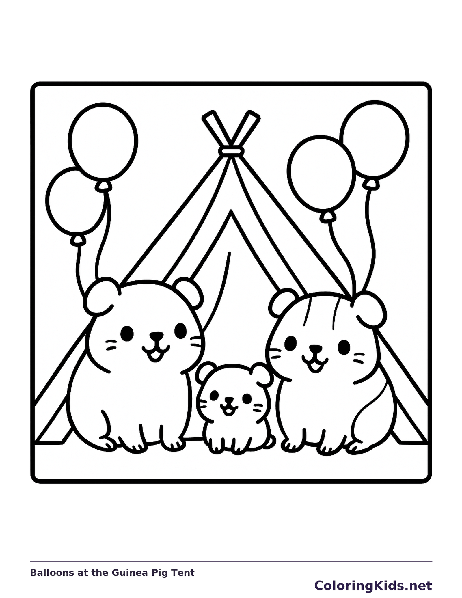 Three guinea pigs under a teepee with balloons on both sides
