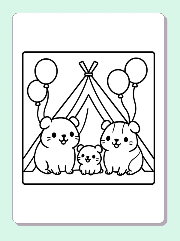 Three guinea pigs under a teepee with balloons on both sides