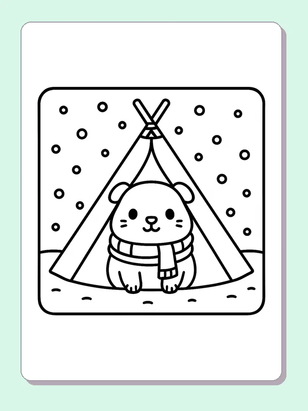 Guinea pig wearing a striped scarf before a snowy teepee