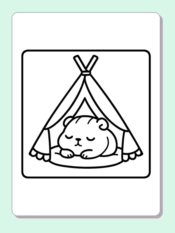 Sleeping guinea pig on a mat inside an open teepee