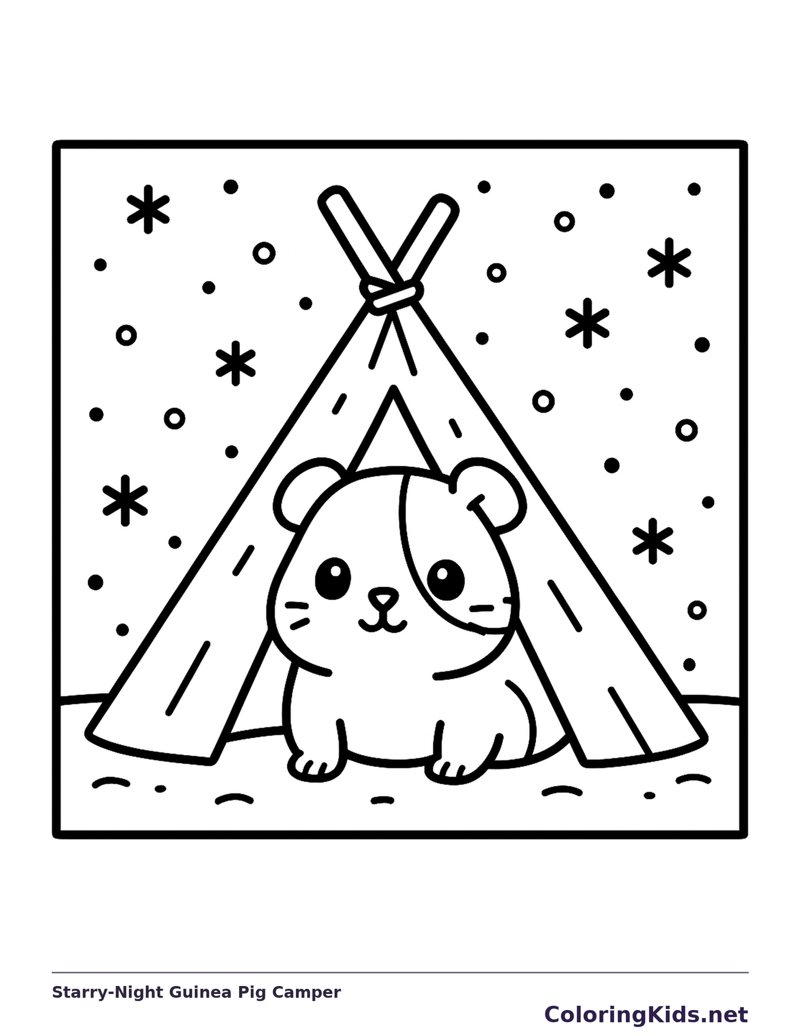 Guinea pig in a teepee beneath many stars and night-sky dots