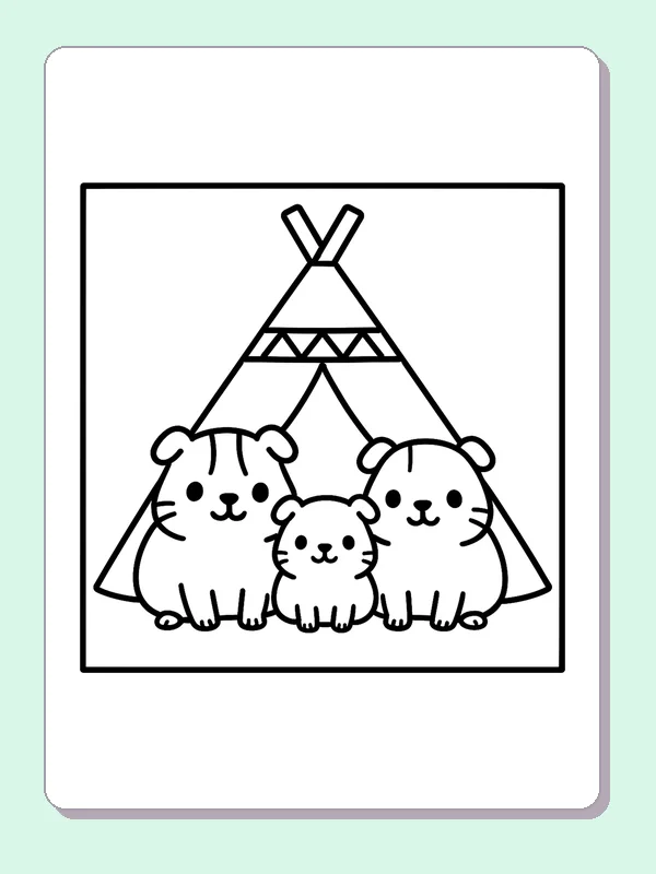 Three guinea pigs grouped under a triangle-trimmed teepee