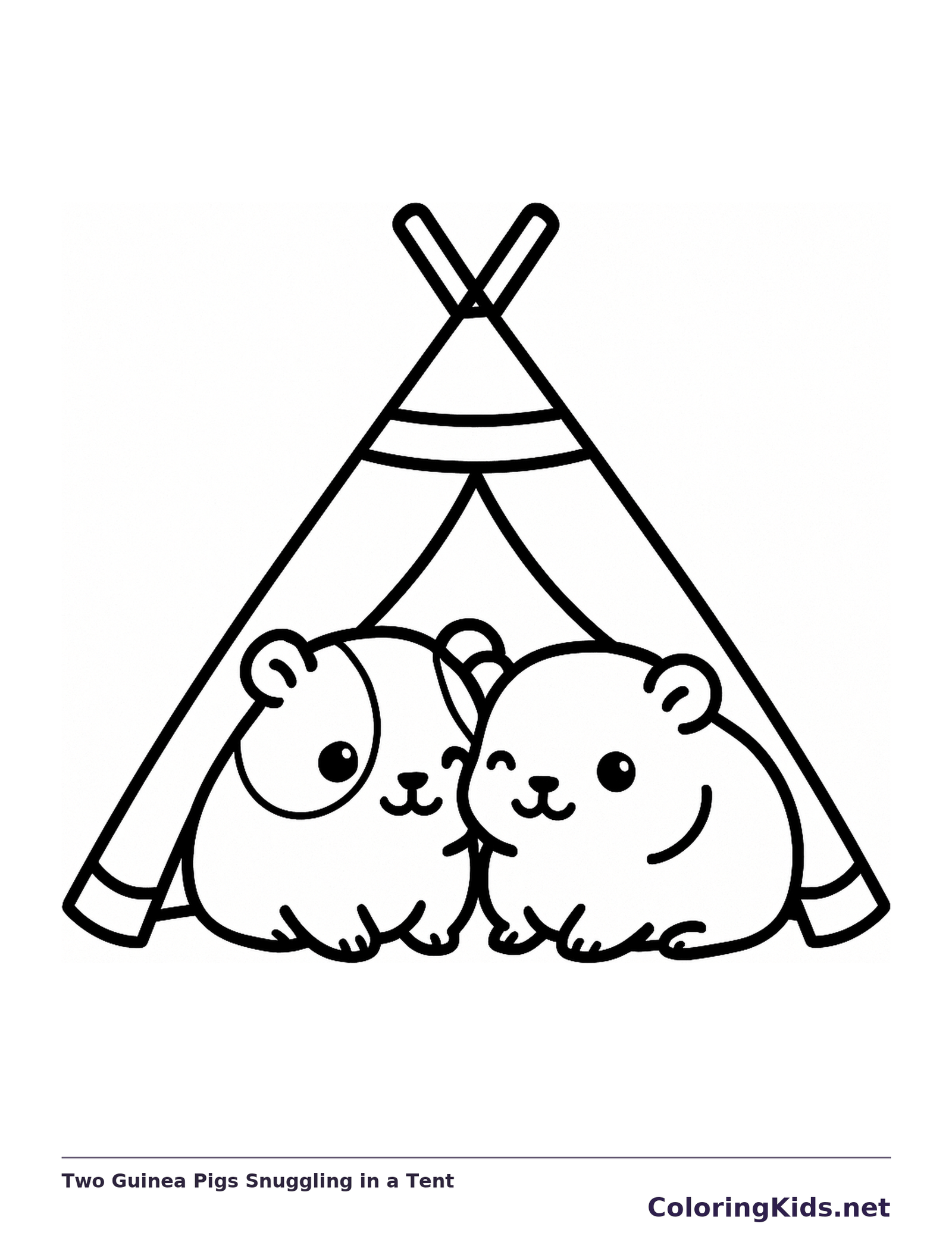 Two guinea pigs sitting close together inside a triangular tent