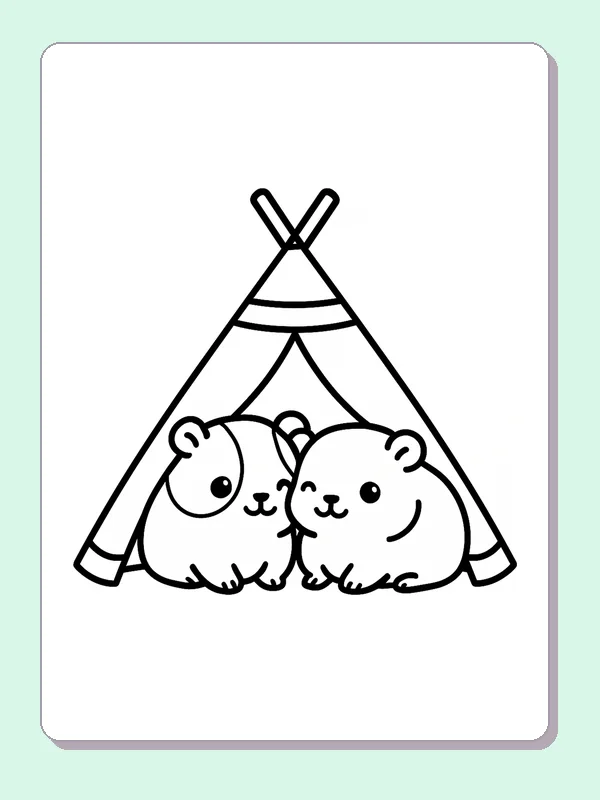 Two guinea pigs sitting close together inside a triangular tent