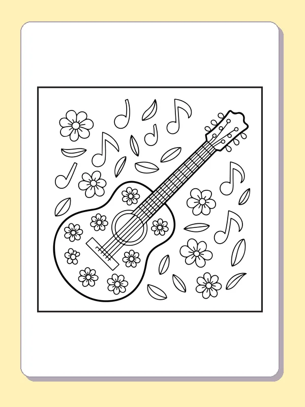 Flower-Covered Guitar with Music Notes coloring page preview
