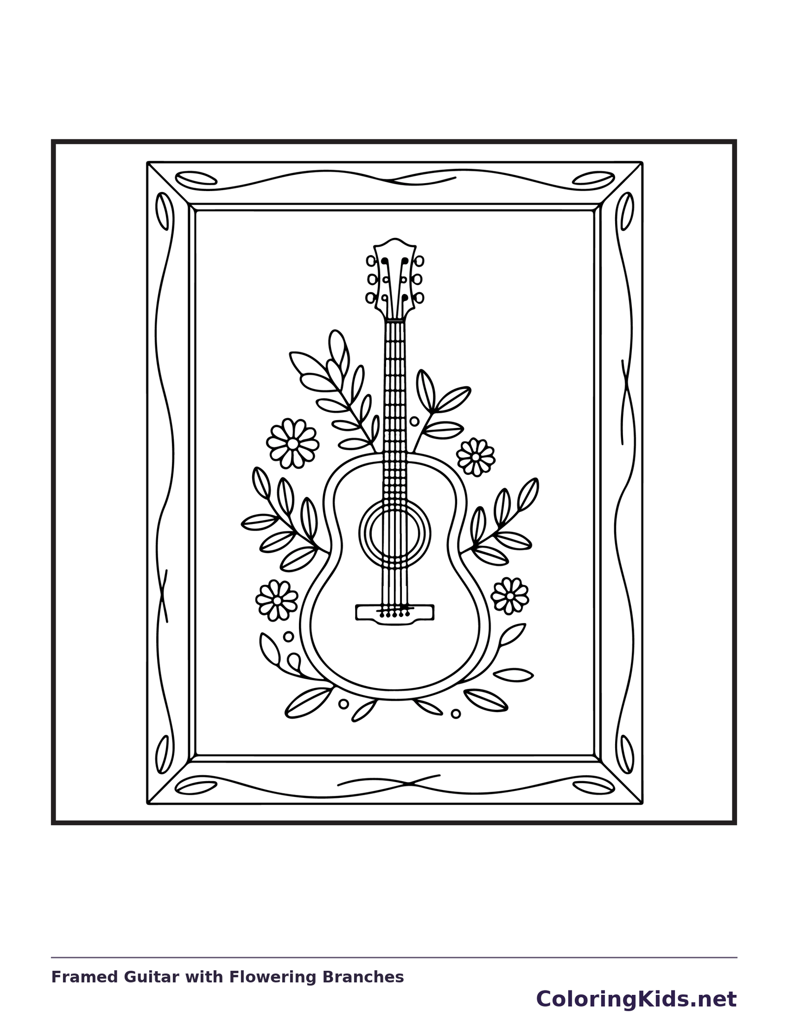 Black and white printable framed guitar with flowering branches coloring sheet