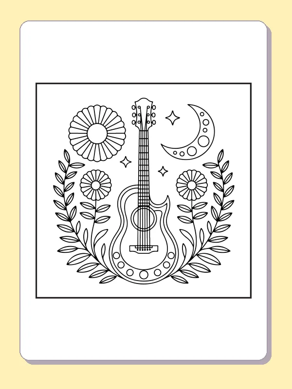 Black and white printable guitar beneath a moon and blossoms coloring sheet