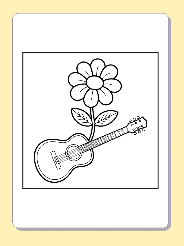 Black and white printable guitar beside a tall daisy coloring sheet