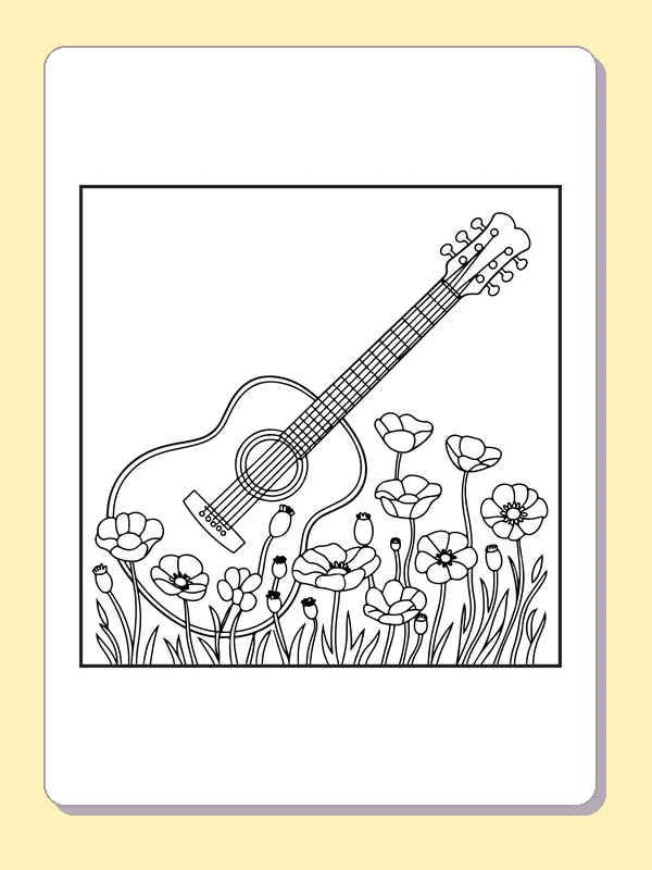 Black and white printable guitar in a field of poppies coloring sheet