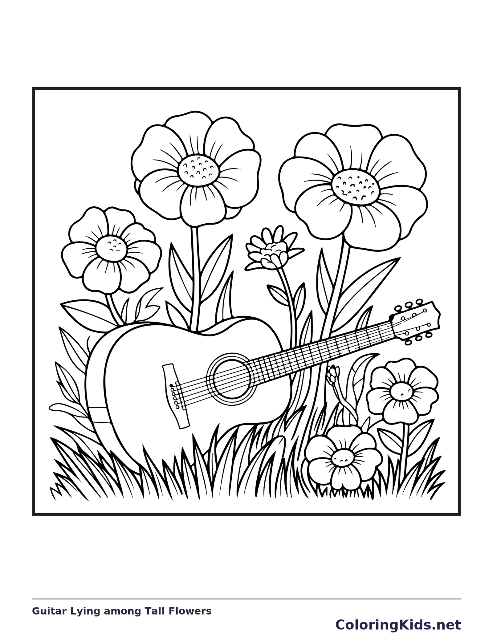 Black and white printable guitar lying among tall flowers coloring sheet