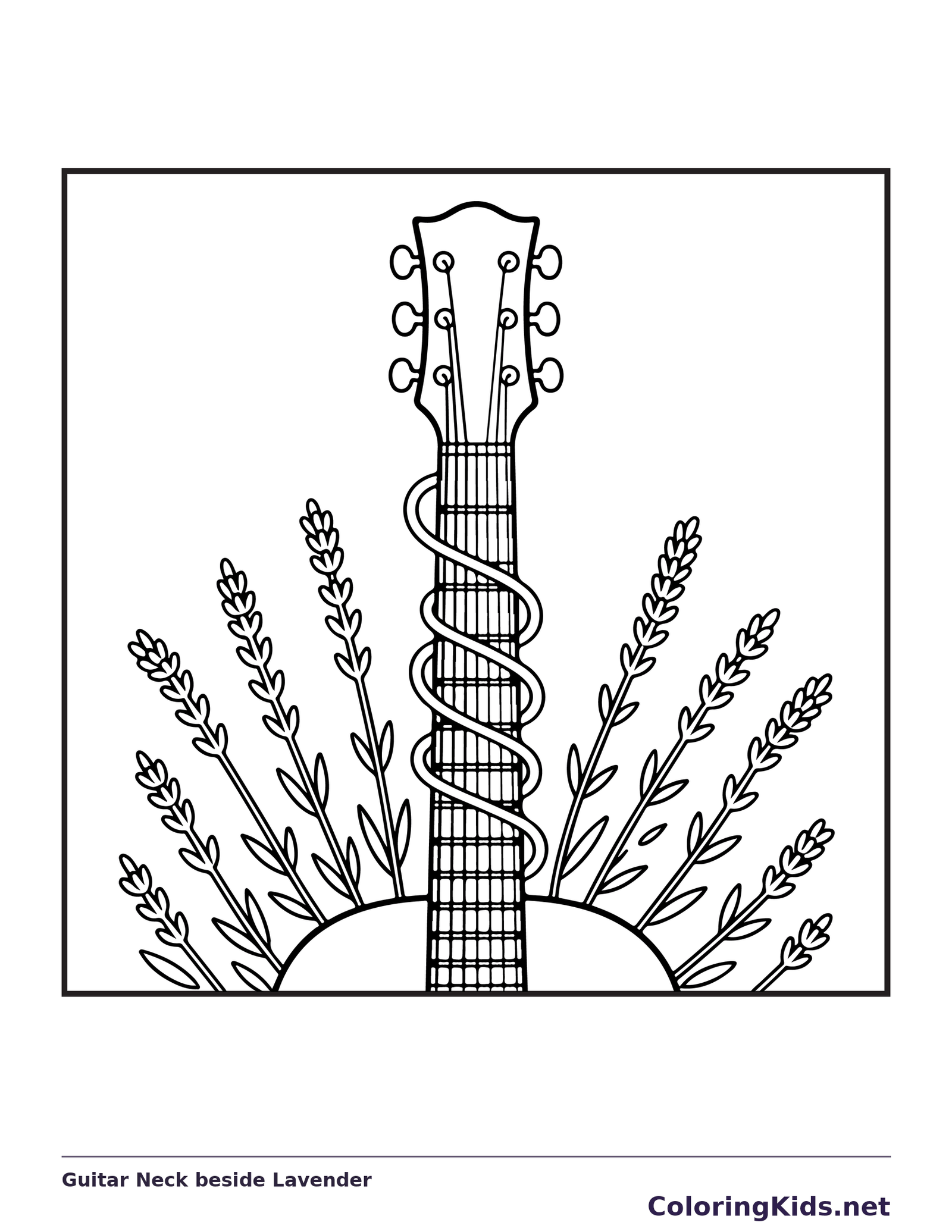 Black and white printable guitar neck beside lavender coloring sheet