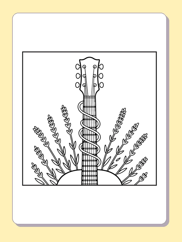 Black and white printable guitar neck beside lavender coloring sheet