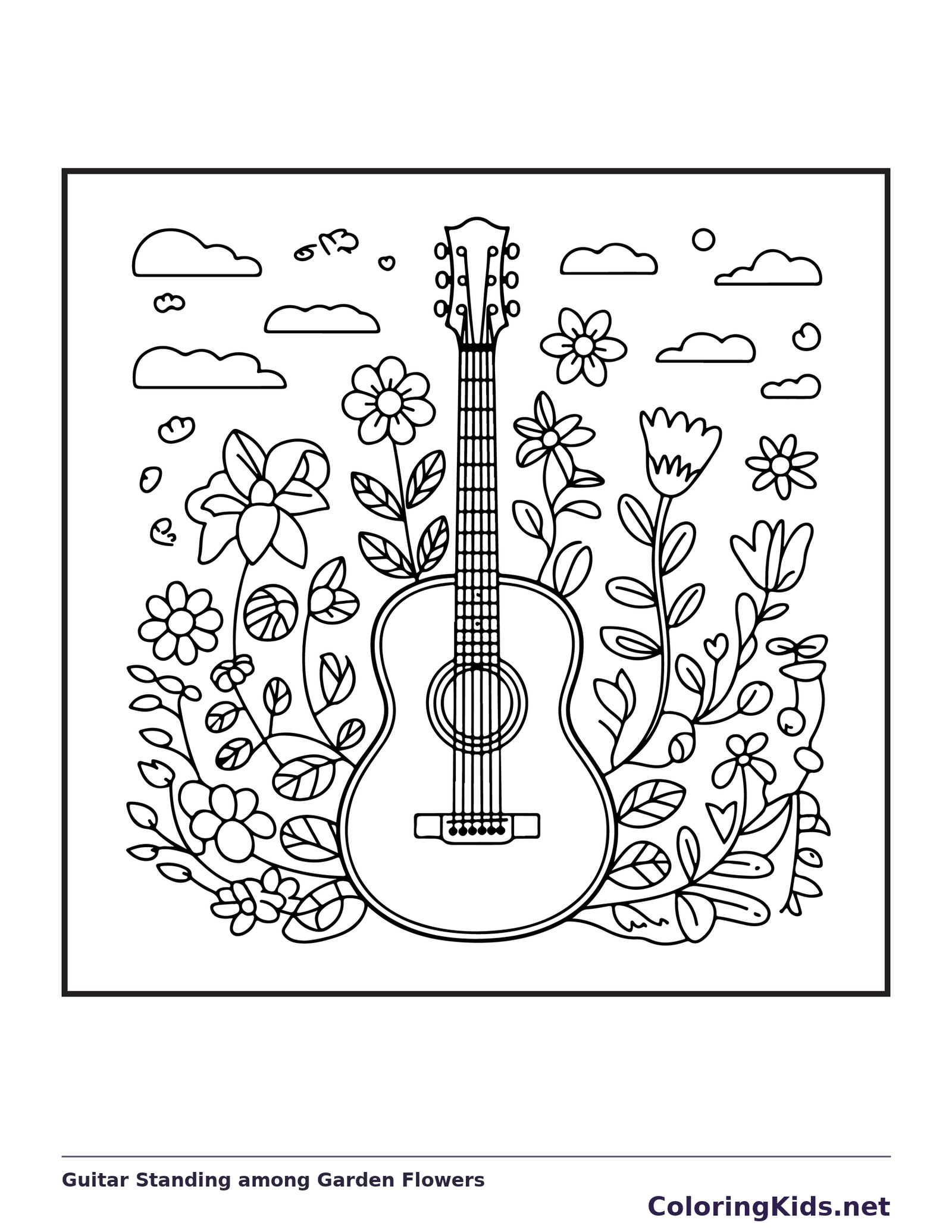 Black and white printable guitar standing among garden flowers coloring sheet