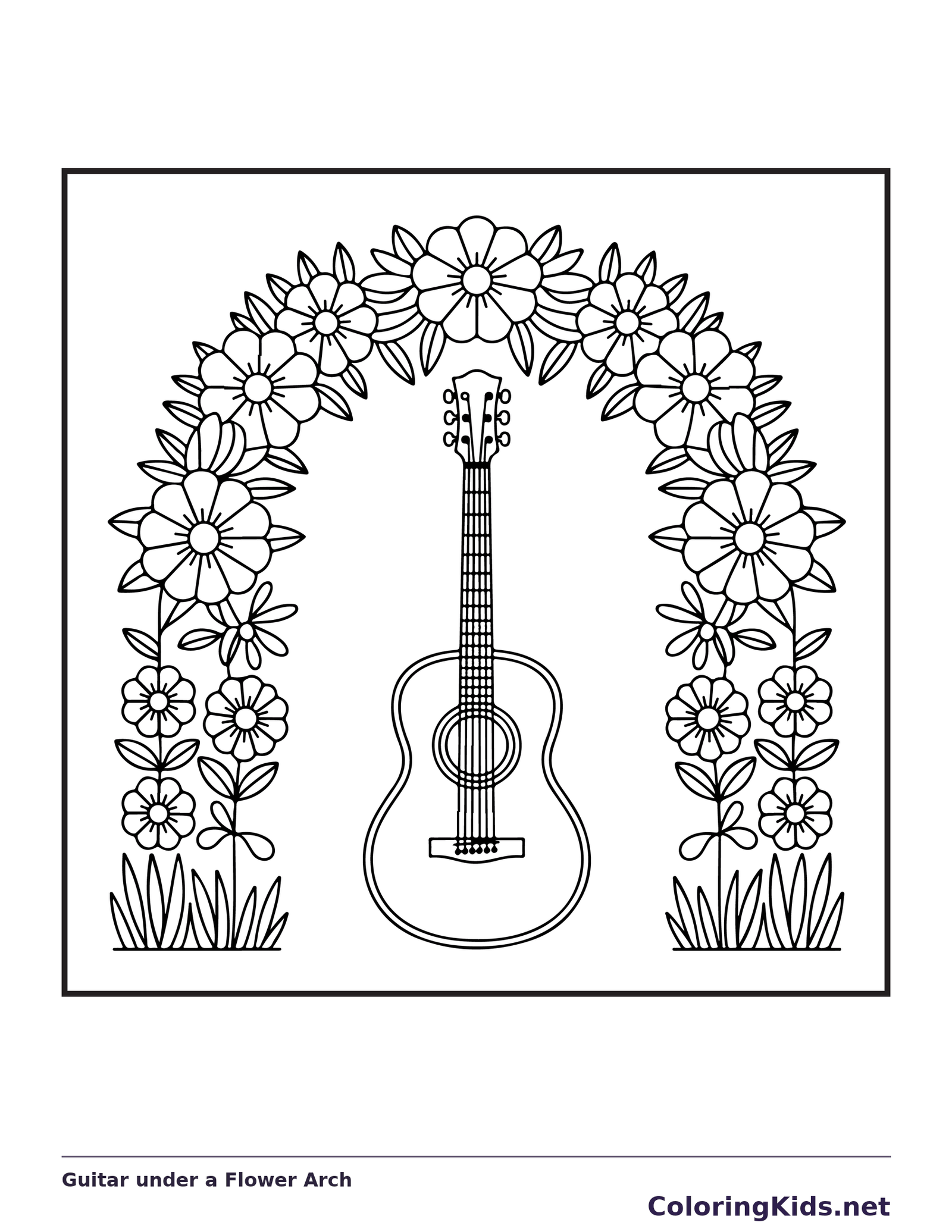 Black and white printable guitar under a flower arch coloring sheet