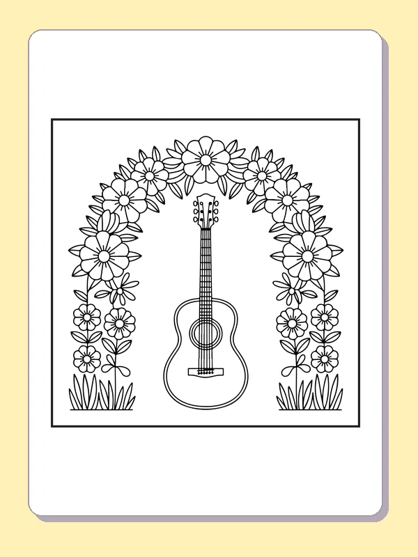 Black and white printable guitar under a flower arch coloring sheet