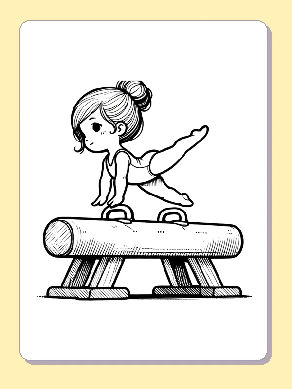 Child Balancing Above a Pommel Horse printable coloring page showing a child balances on their hands above a low pommel horse, with one leg behind in black and white outlines