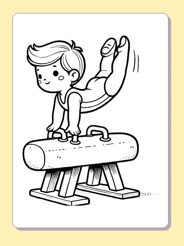 Child Balancing on a Pommel Horse printable coloring page showing a child supports their body with both hands on a low pommel horse in black and white outlines