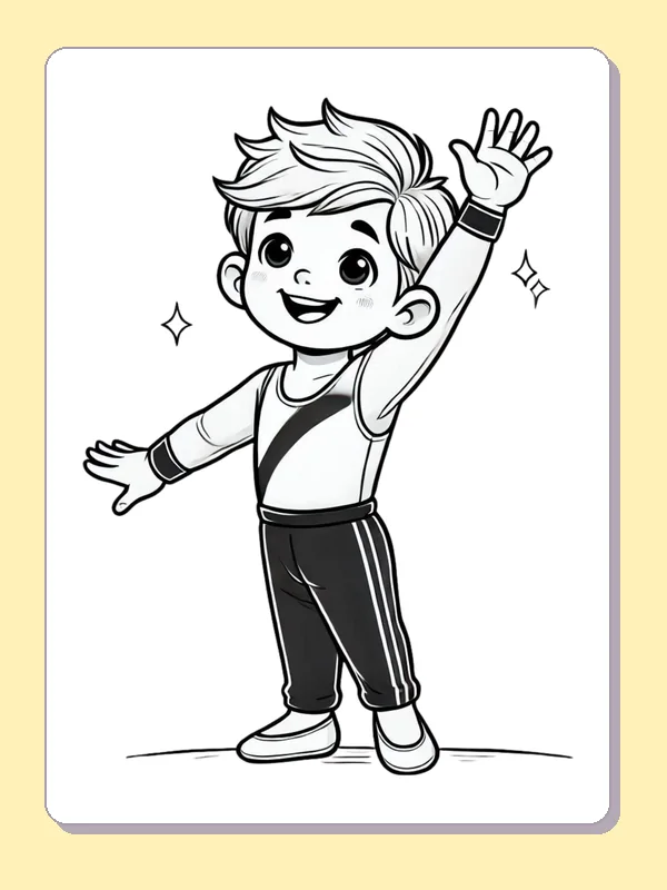 Child Celebrating a Gymnastics Turn printable coloring page showing a young gymnast stands with one arm raised after a turn in black and white outlines