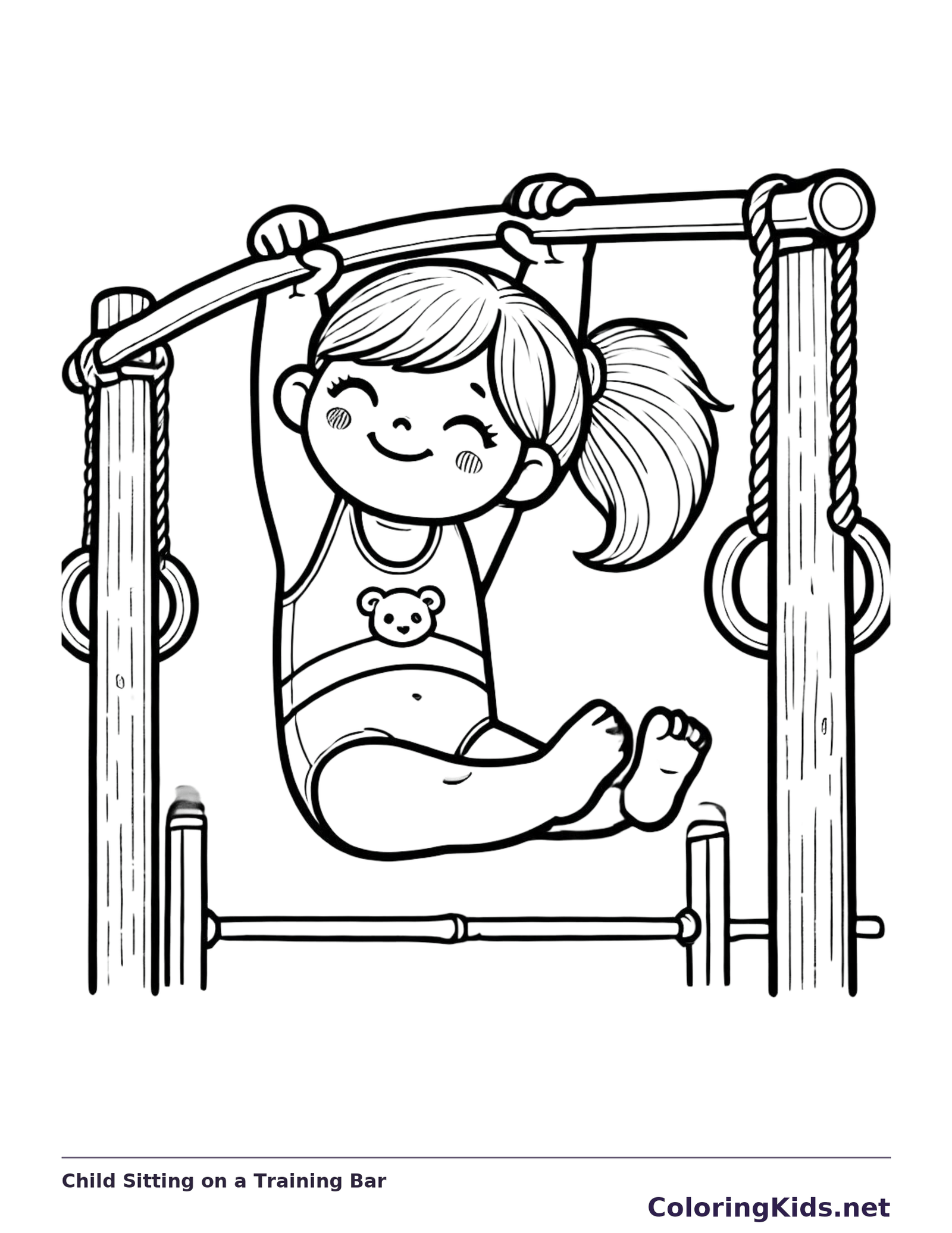 Child Sitting on a Training Bar printable coloring page showing a child hangs from a training bar with knees bent and feet forward in black and white outlines