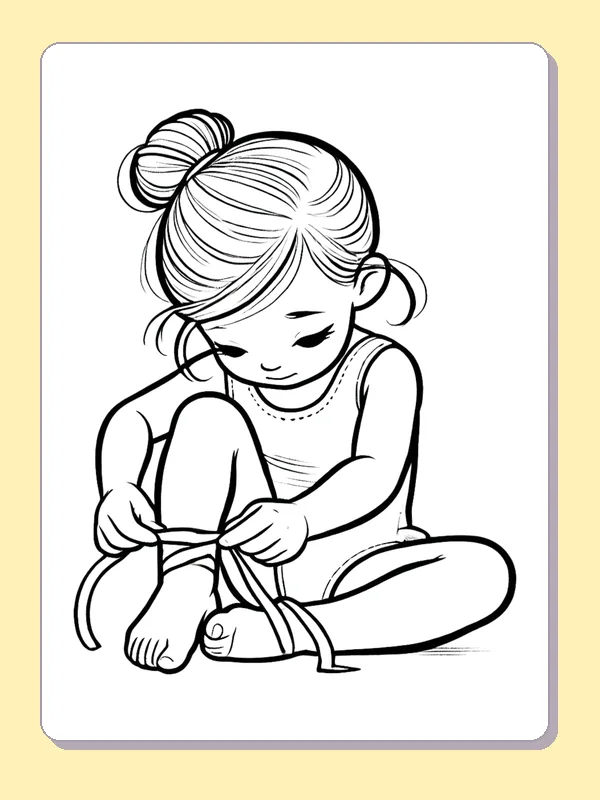 Child Tying Gymnastics Shoe Laces printable coloring page showing a young gymnast sits cross-legged while tying a shoe ribbon in black and white outlines