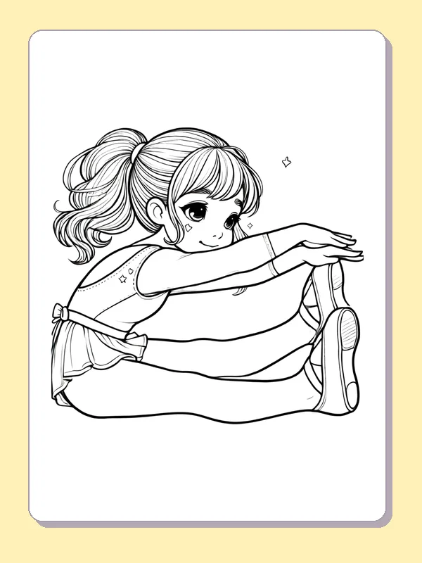 Girl Stretching Her Legs on the Floor printable coloring page showing a girl sits with one leg straight and reaches toward her shoe in black and white outlines