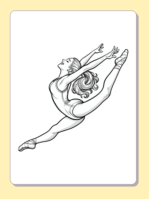 Gymnast in a Long Split Leap printable coloring page showing a realistic gymnast stretches both legs in a long split leap with arms reaching upward in black and white outlines