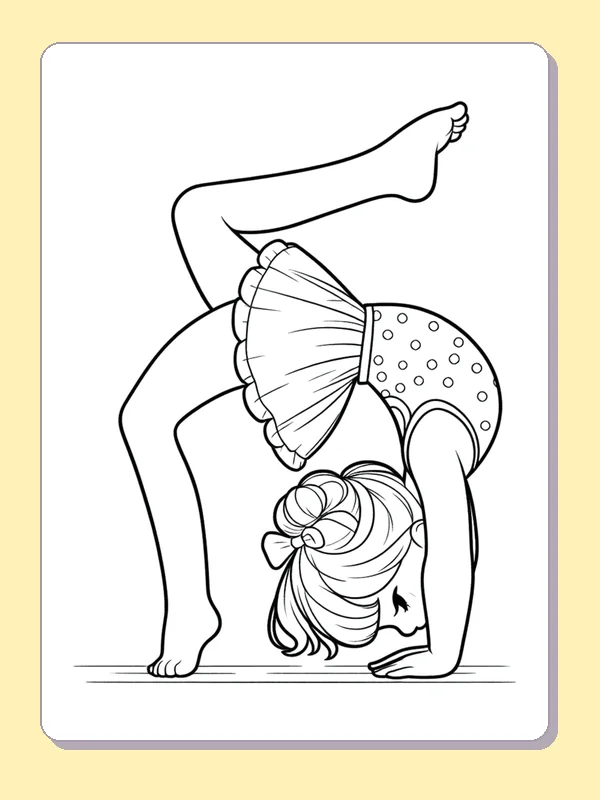 Gymnast Arching into a Backbend printable coloring page showing a gymnast plants hands and feet on the floor in a tall backbend in black and white outlines