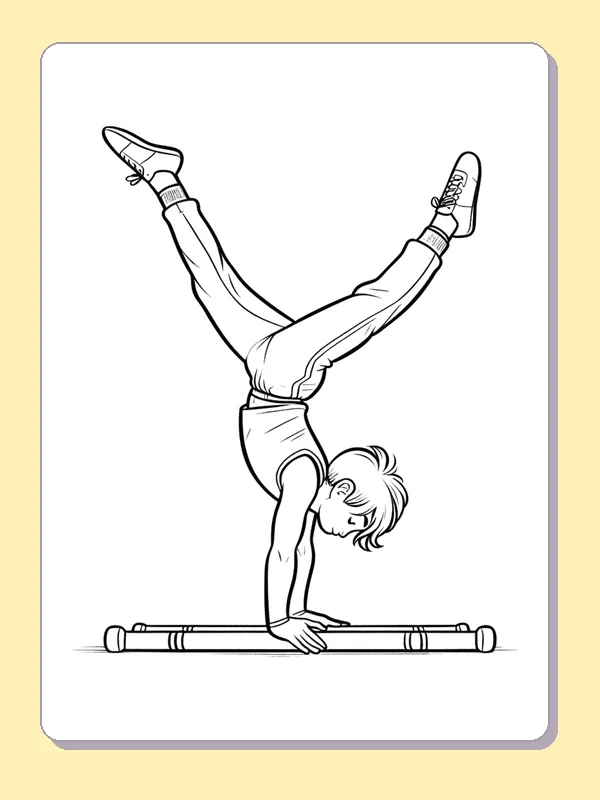 Gymnast in a Handstand printable coloring page showing a gymnast balances upside down on both hands with legs opened overhead in black and white outlines