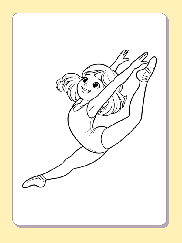 Gymnast in an Airborne Split Leap printable coloring page showing a smiling gymnast flies into a wide split leap with both arms reaching forward in black and white outlines