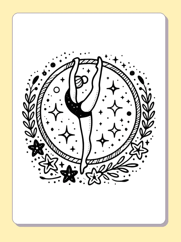 Gymnast in a Star-Framed Leg Pose printable coloring page showing a gymnast holds one leg high inside a round frame of stars, dots and leafy branches in black and white outlines