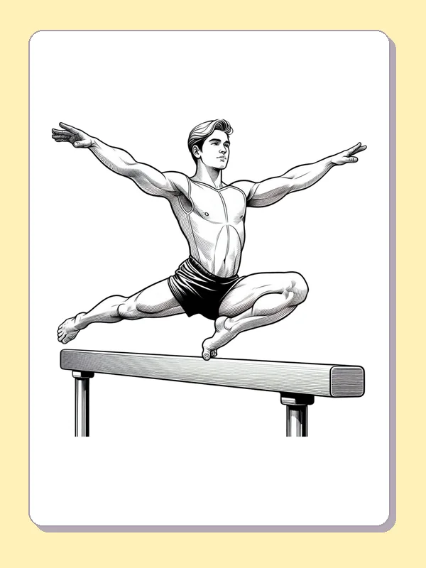 Gymnast Leaping Above a Balance Beam printable coloring page showing a realistic gymnast leaps above a beam with both arms wide in black and white outlines