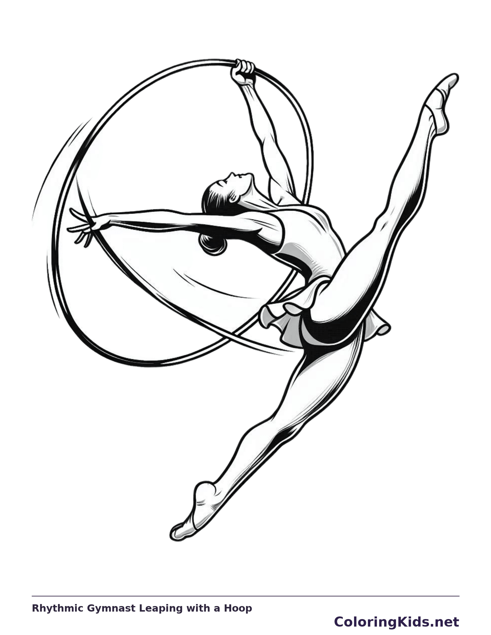 Rhythmic Gymnast Leaping with a Hoop printable coloring page showing a gymnast moves through a large rhythmic gymnastics hoop with one hand raised and legs extended in black and white outlines