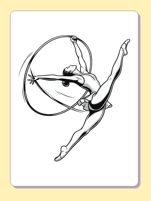 Rhythmic Gymnast Leaping with a Hoop printable coloring page showing a gymnast moves through a large rhythmic gymnastics hoop with one hand raised and legs extended in black and white outlines