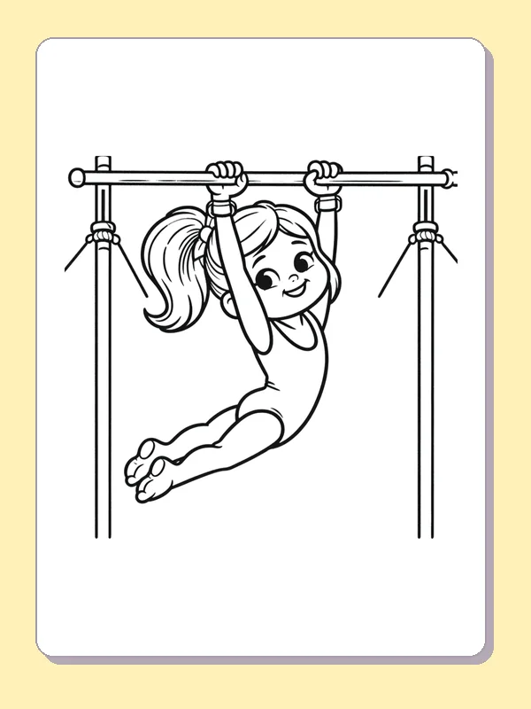 Young Gymnast Hanging Between Bars printable coloring page showing a smiling gymnast holds the high bar with feet tucked beneath the body in black and white outlines