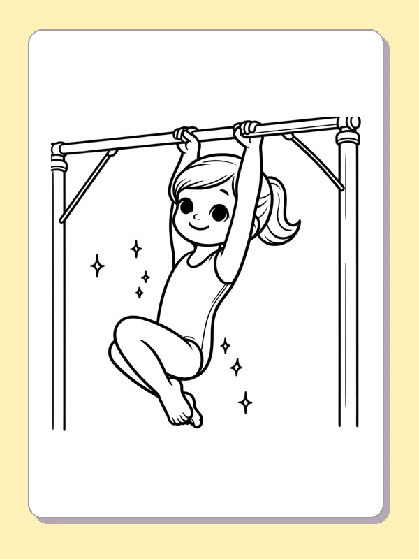 Young Gymnast Hanging with Bent Knees printable coloring page showing a child grips a bar while both knees bend up beneath the body in black and white outlines